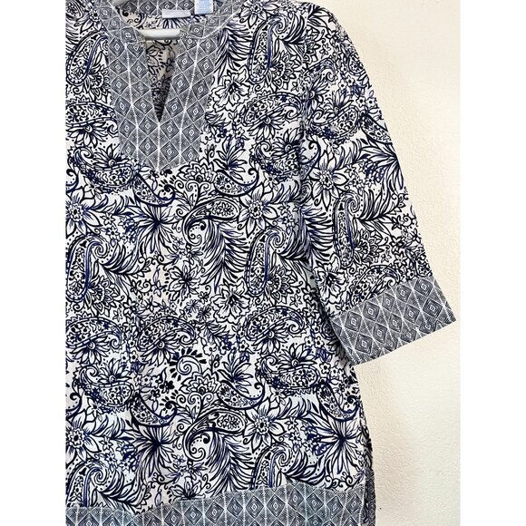 Sigrid Olsen Womens Linen White Blue Floral Tunic Top Small 3/4 Sleeves Casual - Picture 2 of 10